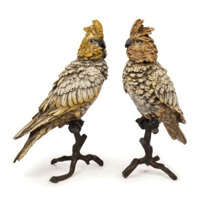 FRANZ BERGMANN pair of Austrian cold painted bronze statues of cockatoos, circa 1900, rare, ​​​​​​​stamped "B" in cartouche, impressive large format each standing at 32cm high