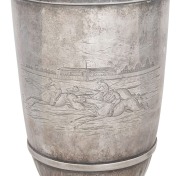 HORSERACING TROPHY: sterling silver trophy (missing lid) for 1952 Corowa Cup won by 'Atomic Light', stamped 'Australian Silver' on base,&nbsp;mounted on Tasmanian blackwood plinth; weight (ex plinth) 1.35kg. - 2