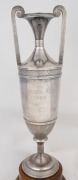 HORSERACING TROPHY: sterling silver trophy (missing lid) for 1952 Corowa Cup won by 'Atomic Light', stamped 'Australian Silver' on base,&nbsp;mounted on Tasmanian blackwood plinth; weight (ex plinth) 1.35kg. - 3