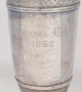 HORSERACING TROPHY: sterling silver trophy (missing lid) for 1952 Corowa Cup won by 'Atomic Light', stamped 'Australian Silver' on base,&nbsp;mounted on Tasmanian blackwood plinth; weight (ex plinth) 1.35kg. - 4