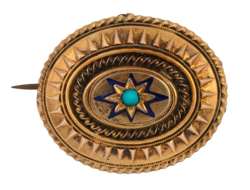 An antique oval yellow gold mourning brooch set with a turquoise, with mourning window on reverse, 19th century, ​​​​​​​3.5cm wide, 6.7 grams total