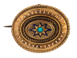 An antique oval yellow gold mourning brooch set with a turquoise, with mourning window on reverse, 19th century, ​​​​​​​3.5cm wide, 6.7 grams total