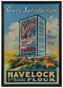 Advertising: 'Havelock Self-Raising Flour' point-of-sale display card, printed by P.C.Grosser, with a mono-colour version of the same image verso; circa 1920s. The Havelock Flour Factory was in Mt. Alexander Road, Flemington, Victoria. 44 x 31cm (framed &