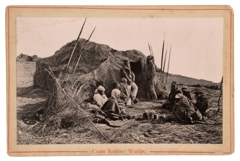 SAMUEL WHITE SWEET (1825 - 1886), Coast Native's Wurlie, 1878, albumen print photograph laid down on cabinet card with red printed title and frame, ​​​​​​​overall 11 x 16.5cm.