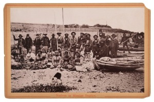 SAMUEL WHITE SWEET (1825 - 1886), Natives at [Point Macleay] Mission Station,1878, albumen print photograph laid down on cabinet card with red printed title and frame, signed and numbered "453' in the plate, overall 11 x 16.5cm.