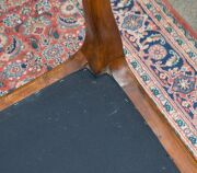 An antique English boudoir stool, carved walnut with blue velvet diamond upholstery, cabriole legs with scroll feet and original brass castors, mid 19th century, 49cm high, 80cm wide, 50cm deep - 9