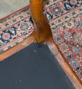 An antique English boudoir stool, carved walnut with blue velvet diamond upholstery, cabriole legs with scroll feet and original brass castors, mid 19th century, 49cm high, 80cm wide, 50cm deep - 10