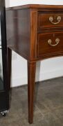 A George III Hepplewhite mahogany sideboard with string inlay and cross banding, finely crafted serpentine front with square form tapering legs, double fronted cellarette drawer to the left hand side, original brass drop handles with attractive reed decor - 6