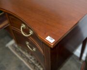 A George III Hepplewhite mahogany sideboard with string inlay and cross banding, finely crafted serpentine front with square form tapering legs, double fronted cellarette drawer to the left hand side, original brass drop handles with attractive reed decor - 11