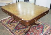 A George III English mahogany library table with embossed green leather top, attractive rounded corners with two drawers and four simulated drawer fronts to the ends and sides, supported on two double concave reeded trestles forming attractive splay legs - 2