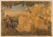 CHARLES EDWARD CONDER (1868 - 1909) Untitled (Three Ladies in a Garden Overlooking a Mediterranean Coastline), watercolour on silk, circa 1900, signed 'Conder' at lower left, 24 x 35.5cm. - 3