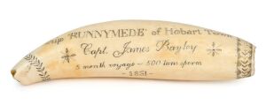 An impressive scrimshaw whale's tooth engraved "Ship RUNNYMEDE of Hobart Town. Capt. James Bayley. 5 Month Voyage - 500 tuns sperm. 1851". The reverse engraved with whaling scene with ship in the background. 17cm long