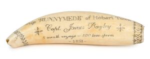 An impressive scrimshaw whale's tooth engraved "Ship RUNNYMEDE of Hobart Town. Capt. James Bayley. 5 Month Voyage - 500 tuns sperm. 1851". The reverse engraved with whaling scene with ship in the background. 17cm long
