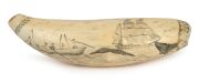 An impressive scrimshaw whale's tooth engraved "Ship RUNNYMEDE of Hobart Town. Capt. James Bayley. 5 Month Voyage - 500 tuns sperm. 1851". The reverse engraved with whaling scene with ship in the background. 17cm long - 2