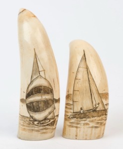 Two scrimshaw whale's teeth with yachting scenes, 13cm and 10cm high