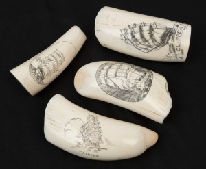 Four vintage scrimshaw whale teeth depicting clippers and tallships, 20th century, signed "J. F. C.", the largest 12cm high