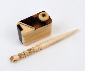 An antique whalebone bodkin with carved fist finial together with a whalebone and tortoiseshell pocket keepsafe box, 19th century, the bodkin 9cm long