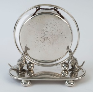 Australiana silver plated dinner gong mounted with two kangaroo figures, early 20th century, 18cm high, 19cm wide
