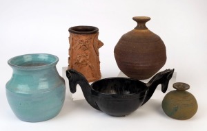 Five assorted pottery vases and bowls including ROBERTSON and LANGLEY (attributed), the horse example 27cm wide