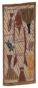 JEFFREY DHUPITITJ, Warraykay Barrcuda, natural earth pigments on bark, signed and titled verso, gallery No. 13US88/13, 88 x 37cm