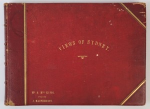 SYDNEY ALBUM "Views of Sydney", circa 1890; 40 albumen paper prints, each approx. 21 x 15cm laid down to pages in a red leather and morocco bound album with gilt title including "Mr & Mrs King from J. Macpherson." Images by "J.P." include Bondi, Coogee, M