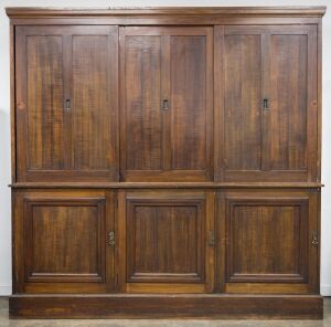 NATIONAL BANK (Melbourne) imposing antique Australian blackwood bank stationary cabinet, late 19th century, stamped "ROBERTSON & MOFFAT Ltd, Melbourne", 244cm high, 246cm wide, 58cm deep