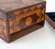 RICHARD DOWLING, stunning dressing-case box, blackwood, huon pine, cedar, myrtle, celery pine and exotic timbers, interior fitted compartment lined in original blue velvet.&nbsp; Bearing an intriguing pencil inscription under the drawer "JOHN MARTIN MAKER, HAM - 3