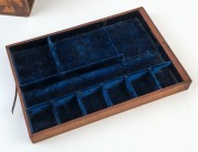 RICHARD DOWLING, stunning dressing-case box, blackwood, huon pine, cedar, myrtle, celery pine and exotic timbers, interior fitted compartment lined in original blue velvet.&nbsp; Bearing an intriguing pencil inscription under the drawer "JOHN MARTIN MAKER, HAM - 4