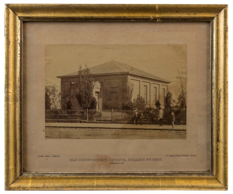 "Old Independent Church, Collins Street" framed albumen print in original gilt frame with title caption, by JOHN GAUL of Swanston Street Melbourne, 19th century, 13.5 x 20cm, 27 x 32cm overall; together with a 19th century photograph titled "Hanging Rock,