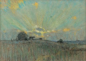 CHARLES WHEELER (1880-1977), (farm scene sketch), colour pencil on paper, artist studio stamp signature lower left, ​​​​​​​12 x 16cm, 37 x 41cm overall