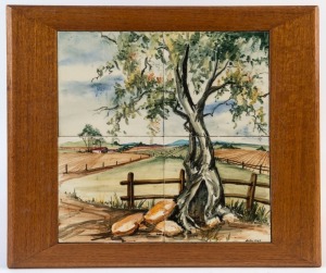 MARTIN BOYD hand-painted four tile panel mounted in hardwood frame depicting an Australian landscape, signed lower right "Martin Boyd", 30.5 x 30.5cm, 38 x 45cm overall