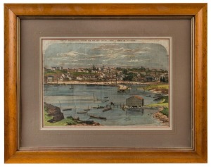 Three antique Australian scene coloured lithographs and prints in maple frames, 19th century, ​​​​​​​the largest 43 x 54cm overall