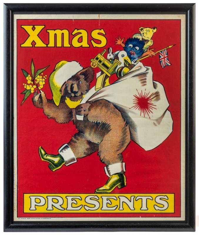 "CHRISTMAS PRESENTS", circa 1925 colour lithograph poster, 55 x 45 cm. 'The Disabled Men's Association of Australia.' in lower margin at left.