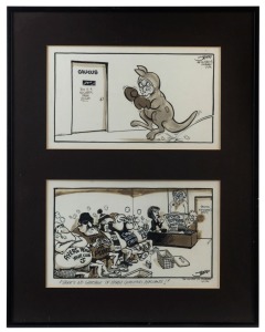 JEFF HOOK. Two original cartoon artworks depicting Australian Prime Minister BOB HAWKE, circa 1980s, ​​​​​​​framed together 52 x 41cm overall