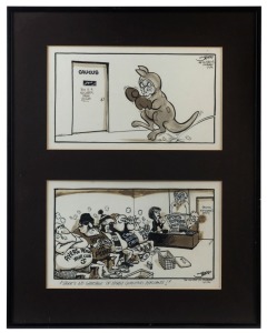 JEFF HOOK. Two original cartoon artworks depicting Australian Prime Minister BOB HAWKE, circa 1980s, framed together 52 x 41cm overall