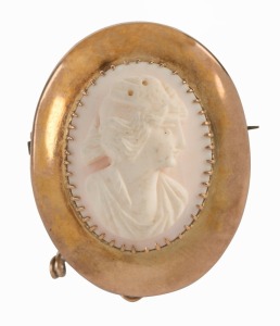 CARIS BROS. antique Australian gold cameo brooch, Western Australian origin, 19th century, stamped "CARIS, 9c", ​​​​​​​4cm high