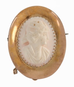 CARIS BROS. antique Australian gold cameo brooch, Western Australian origin, 19th century, stamped "CARIS, 9c", 4cm high