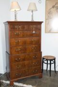 A George I English chest on chest, walnut and pine with cockbeaded&nbsp;trim,&nbsp;concave moulded base rail, attractive cast brass drop handles (hand made but of a later period) and original brass escutcheons, circa 1725, 170cm high, 98cm wide, 51cm deep - 2