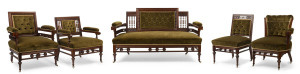 CLAREMONT HOUSE five piece salon suite, Australian blackwood and cedar, circa 1885. Reference: K. Fahy, A. Simpson & C. Simpson "Nineteenth Century Australian Furniture" [David Ell Press, Sydney, 1985], page 421 plate 284 (features the sofa), page 442, pl