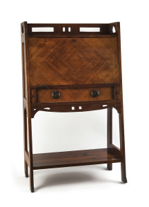 HARRY GOLDMAN Australian Arts and Crafts bureau, fiddleback blackwood with metal handles, circa 1920s, maker's ink stamp inside the drawer, ​124cm high, 74cm wide, 40cm deep