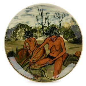 MARTIN BOYD pottery plate with Aboriginal mother and child with goanna, incised "Martin Boyd, Australia", 26.5cm diameter