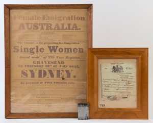 CONVICT TIN used to transport and store leave passes and tickets of leave (8 x 5.5cm), together with a London Emigration Committee sponsored facsimile broadside headed "Female Emigration to Australia" inviting applications from females between the ages of