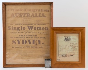 CONVICT TIN used to transport and store leave passes and tickets of leave (8 x 5.5cm), together with a London Emigration Committee sponsored facsimile broadside headed "Female Emigration to Australia" inviting applications from females between the ages of 15 to 30 of good character and for a payment of £5, to travel aboard the "David Scott" to start a new life in Australia (where pay rates for domestic employment were significantly higher);