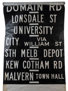 MELBOURNE TRAM DESTINATION ROLL: circa 1960s, Camberwell Depot, destinations/routes including Olympic Park, Windsor, Swan & Church St Cnr, Spencer St, Simpson St, Kew Post Office, University, Malvern Town Hall; 100cm wide, 990cm long.