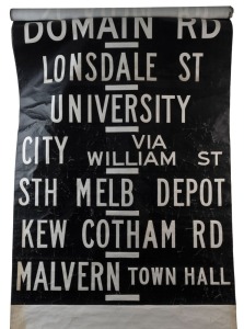 MELBOURNE TRAM DESTINATION ROLL: circa 1960s, Camberwell Depot, destinations/routes including Olympic Park, Windsor, Swan & Church St Cnr, Spencer St, Simpson St, Kew Post Office, University, Malvern Town Hall; 100cm wide, 990cm long.