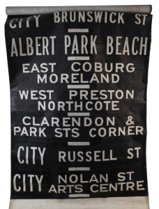 MELBOURNE TRAM DESTINATION ROLL: South Melbourne Depot, Circa 1974, destinations/rotues including East Malvern Darling Rd, Chapel St via Toorak Rd, West Coburg- Bell St, South Melbourne Beach, City Brunswick St, Nolan St Art Centre; 100cm wide, 878cm long