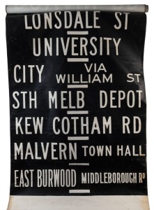 MELBOURNE TRAM DESTINATION ROLL, circa 1972, CAMBERWELL DEPOT, with destinations including Olympic Park, Prahran, St Kilda Beach, Camberwell Junction, Toorak Rd, Chapel Street, Lonsdale Street, South Melbourne Depot; 100cm wide, 790cm long.