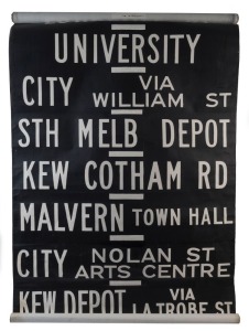 MELBOURNE TRAM DESTINATION ROLL, circa 1976, CAMBERWELL DEPOT, with destinations including Football, Windsor, North Richmond, Olympic Park, Burnley, Kew Post Office, Swanston Street, Hartwell, Burwood, Simpson Street; 102cm wide, 983cm long.