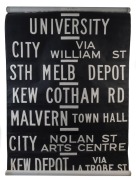 MELBOURNE TRAM DESTINATION ROLL, circa 1976, CAMBERWELL DEPOT, with destinations including Football, Windsor, North Richmond, Olympic Park, Burnley, Kew Post Office, Swanston Street, Hartwell, Burwood, Simpson Street; 102cm wide, 983cm long.
