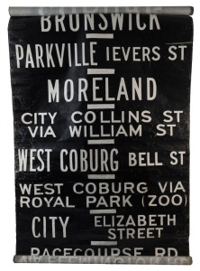 MELBOURNE TRAMWAYS DESTINATION ROLL, circa 1970, ESSENDON DEPOT, with destinations including North Melbourne, Ascot Vale, Maribyrnong River, Show Grounds, City via Haymarket, Essendon Depot, Brunswick, Parkville Levers Street; 100cm wide, 853cm long.